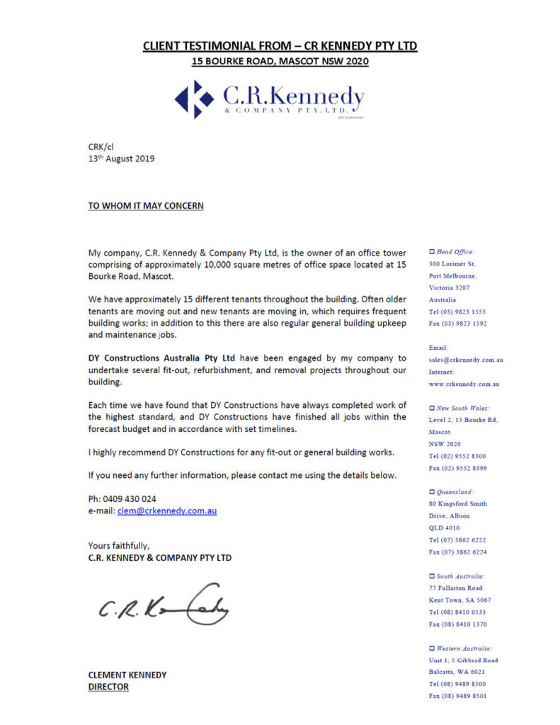 Client testimonial from CR Kennedy