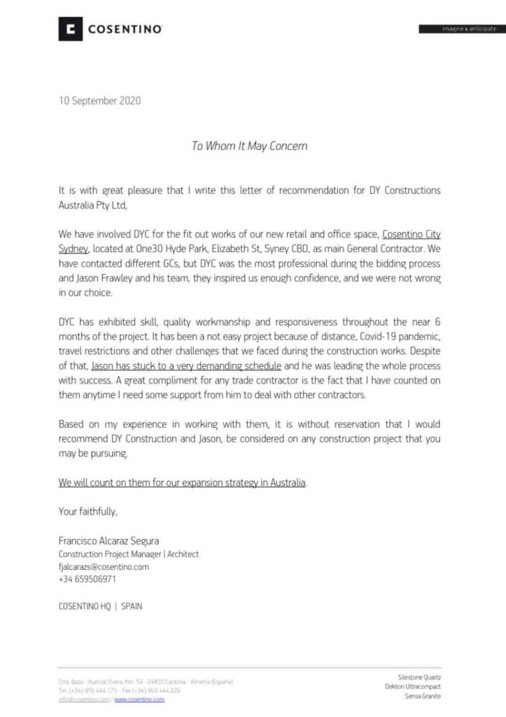 Testimonial from Cosentino about completed Office Fitout project by DY Constructions