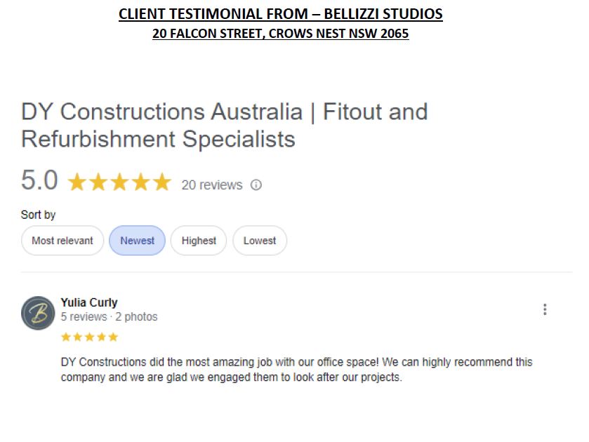 Belizzi Studios Testimonial of fitout project completed by DY Construction