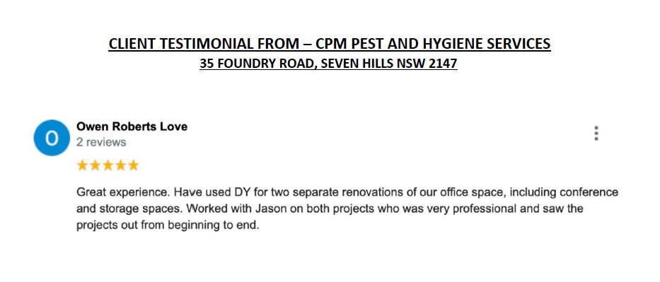 Screenshot of testimony on project completed by DY Constructions from CPM Pest & Hygiene Services