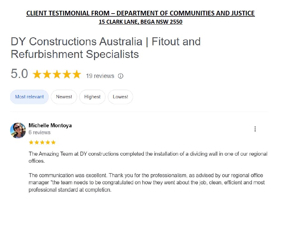 Screenshot of testimony on project completed by DY Constructions from Department of Community and Justice