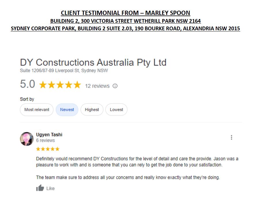 Screenshot of testimony on project completed by DY Constructions from Marley Spoon
