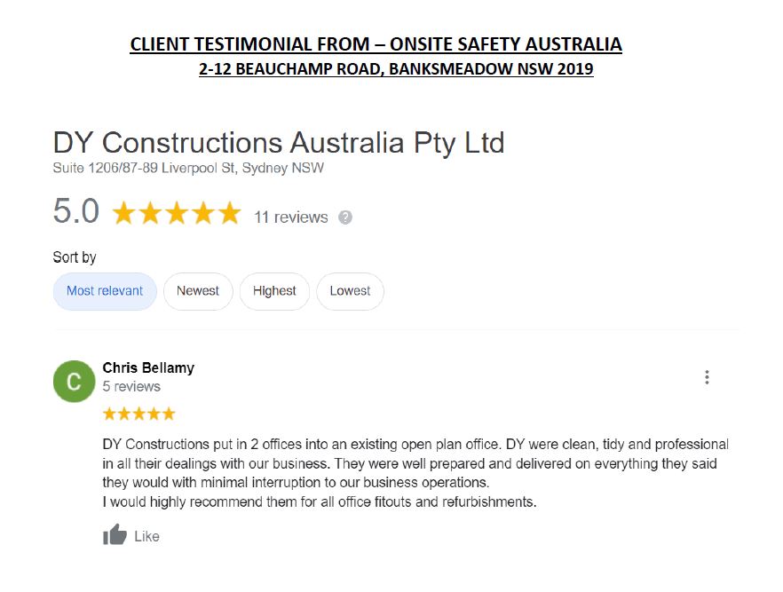 Screenshot of testimony on project completed by DY Constructions from Onsite Safety