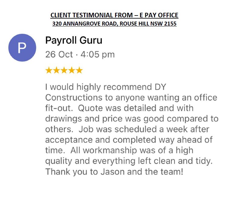 Screenshot of testimony on project completed by DY Constructions from Payroll Guru