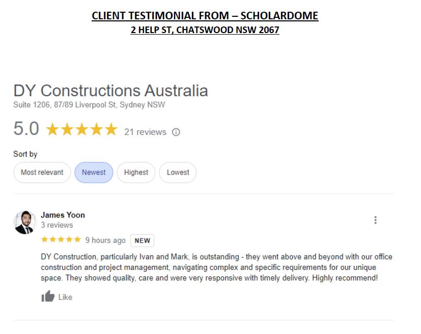 Screenshot of testimony on project completed by DY Constructions from Scholardome