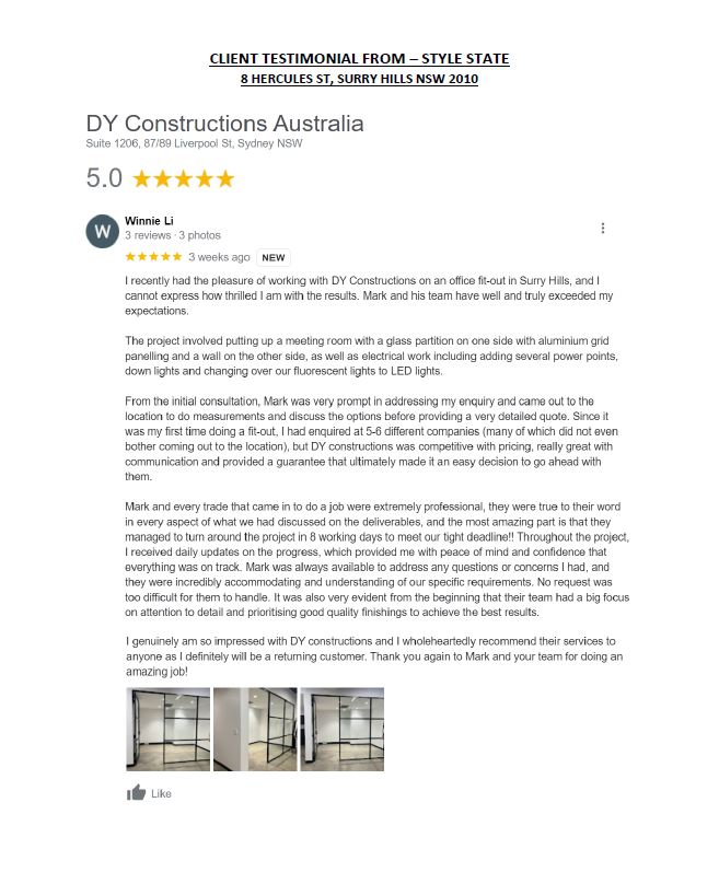Screenshot of testimony on project completed by DY Constructions from Style State