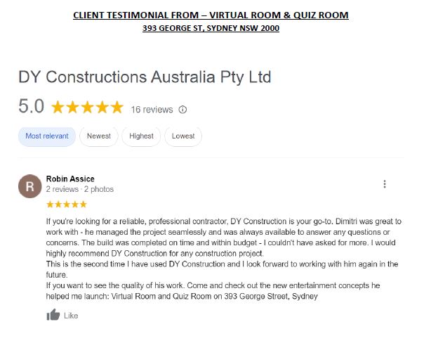 Screenshot of testimony on project completed by DY Constructions from Quiz Room
